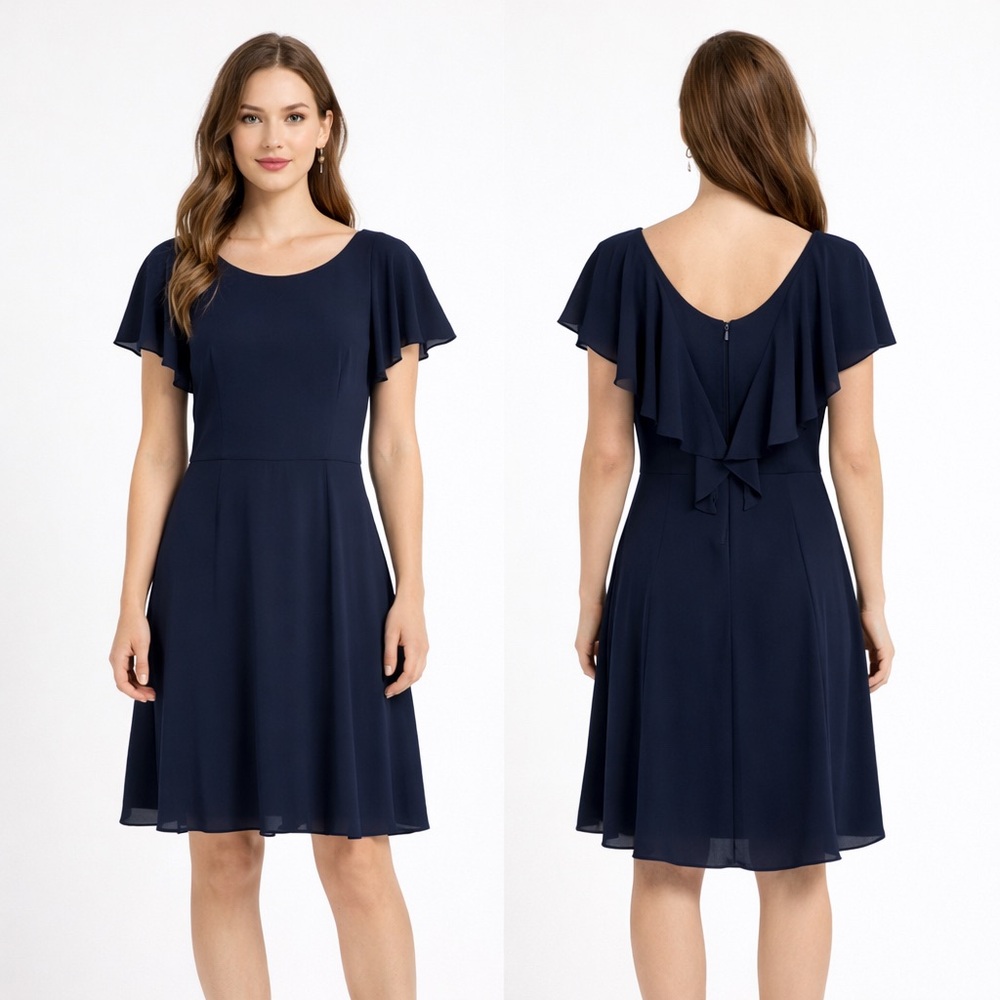 3/$20 💥 London Times‎ Navy Blue A-Line Dress Ruffle Sleeves Minimalist Wedding